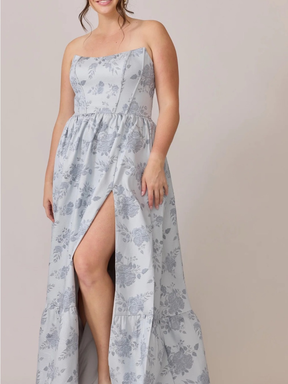 Revelry Vienna Jacquard Dress Strapless Sky Blue Maxi Dress Front Slit Sz 12